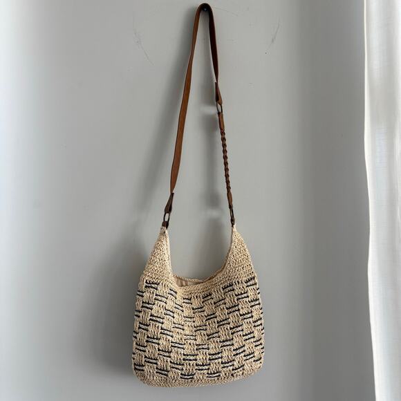 Sonoma Women's Beige Navy Woven Straw Crossbody Purse Lined - Picture 2 of 8